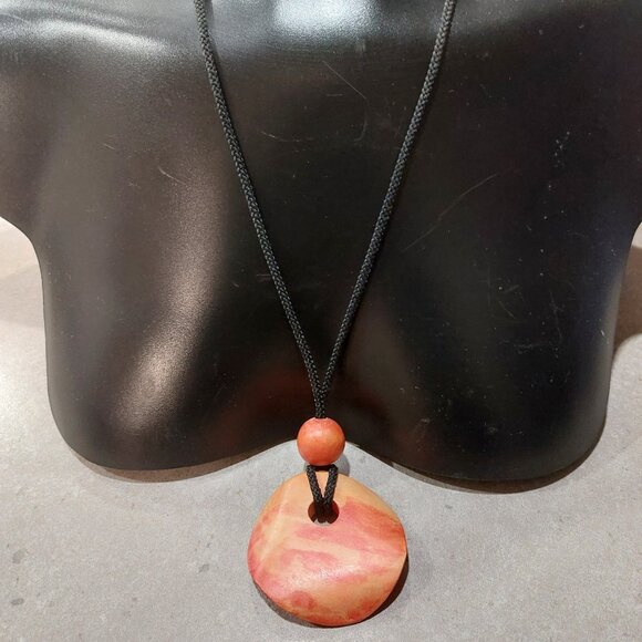 Women's Red Orange Yellow Round Wood Pendant w/Black Cord w/Wood Ball - NWOT - Picture 3 of 6
